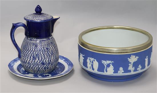 A Wedgwood blue jasper salad bowl, a pearlware plate and a stoneware jug and cover